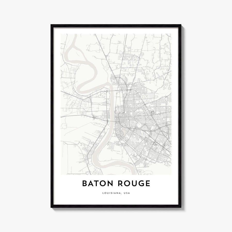 Baton Rouge black & white map poster of Louisiana, USA – vertical wall art, unframed print shown in interior mockup