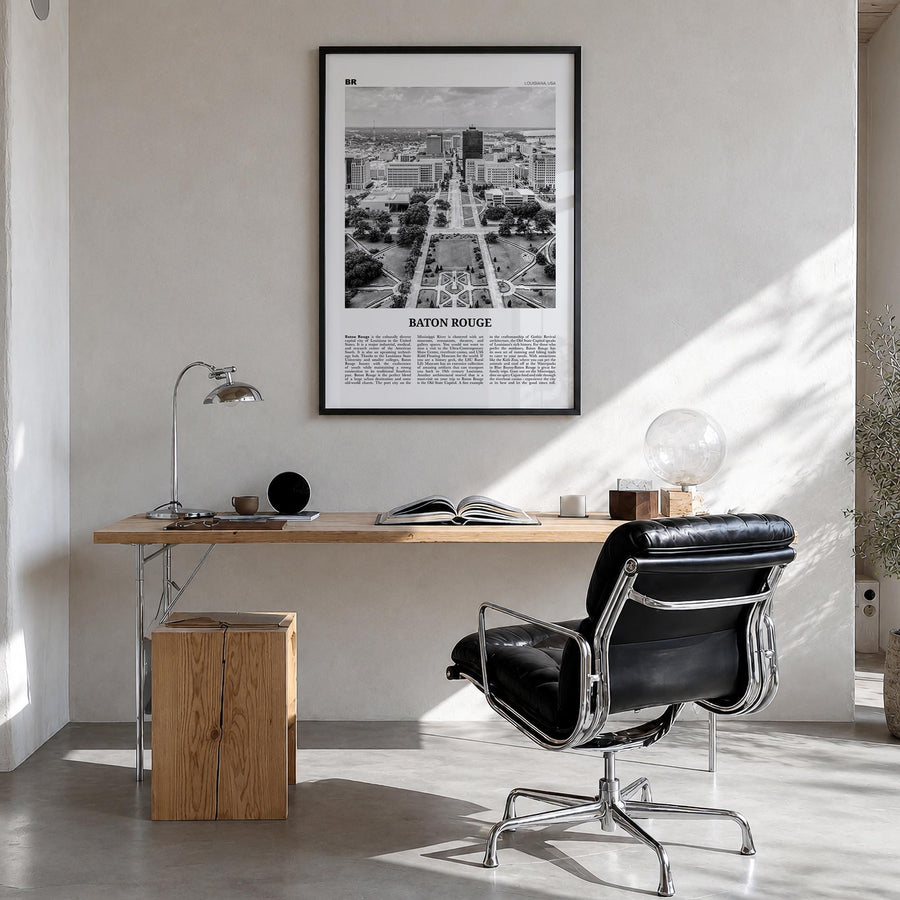 Baton Rouge black & white newspaper poster of Louisiana, USA – vertical wall art in black wood frame, hanging on wall