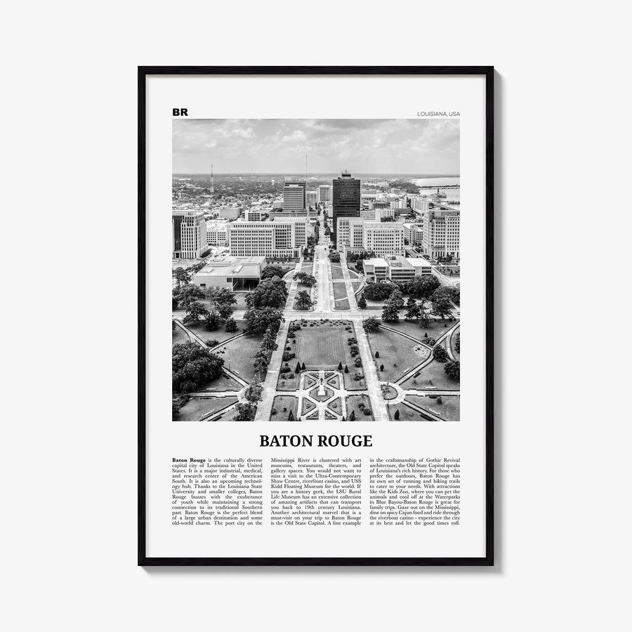 Baton Rouge black & white newspaper poster of Louisiana, USA – vertical wall art, unframed print shown in interior mockup