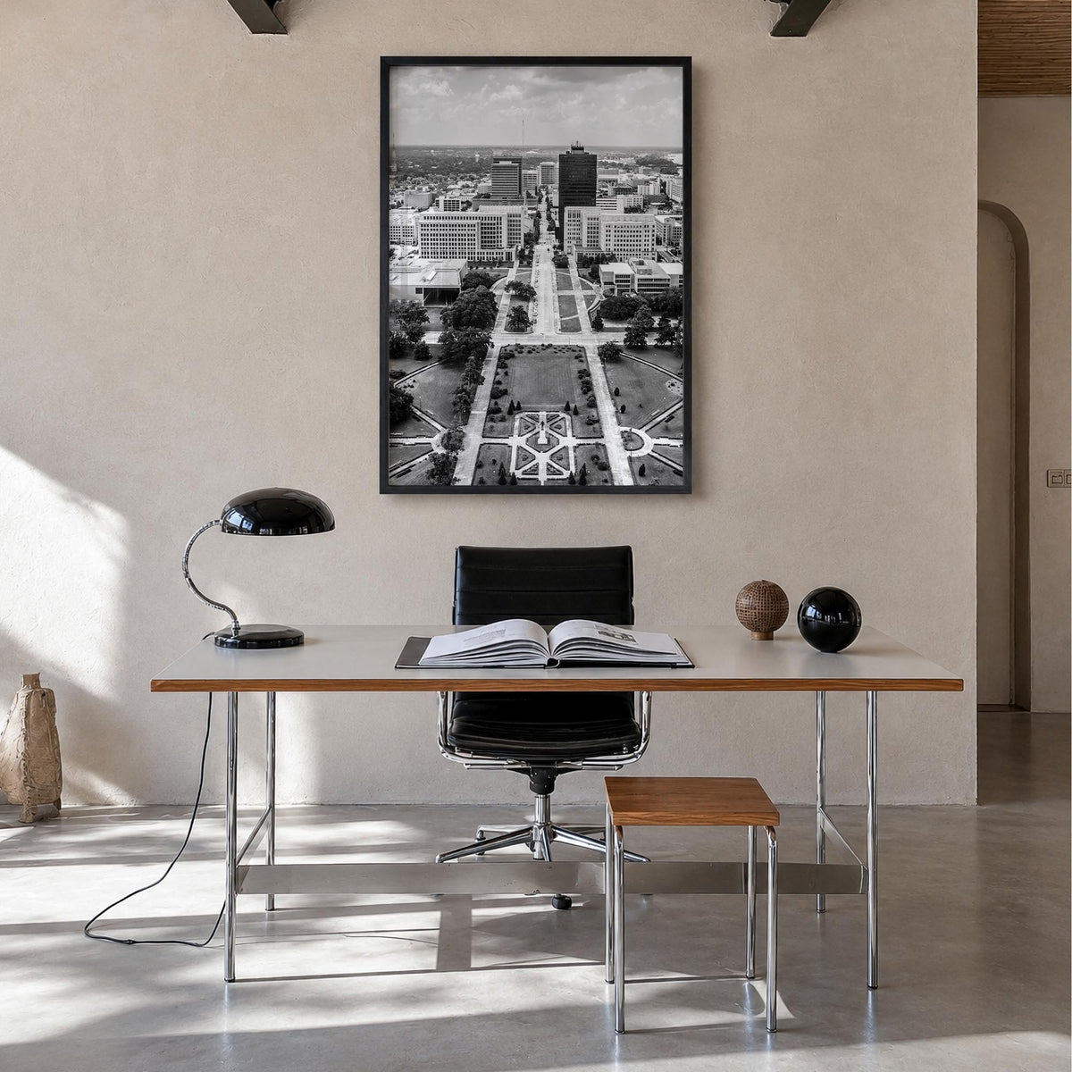 Baton Rouge black & white photo poster of Louisiana, USA – vertical wall art in black wood frame, hanging on wall