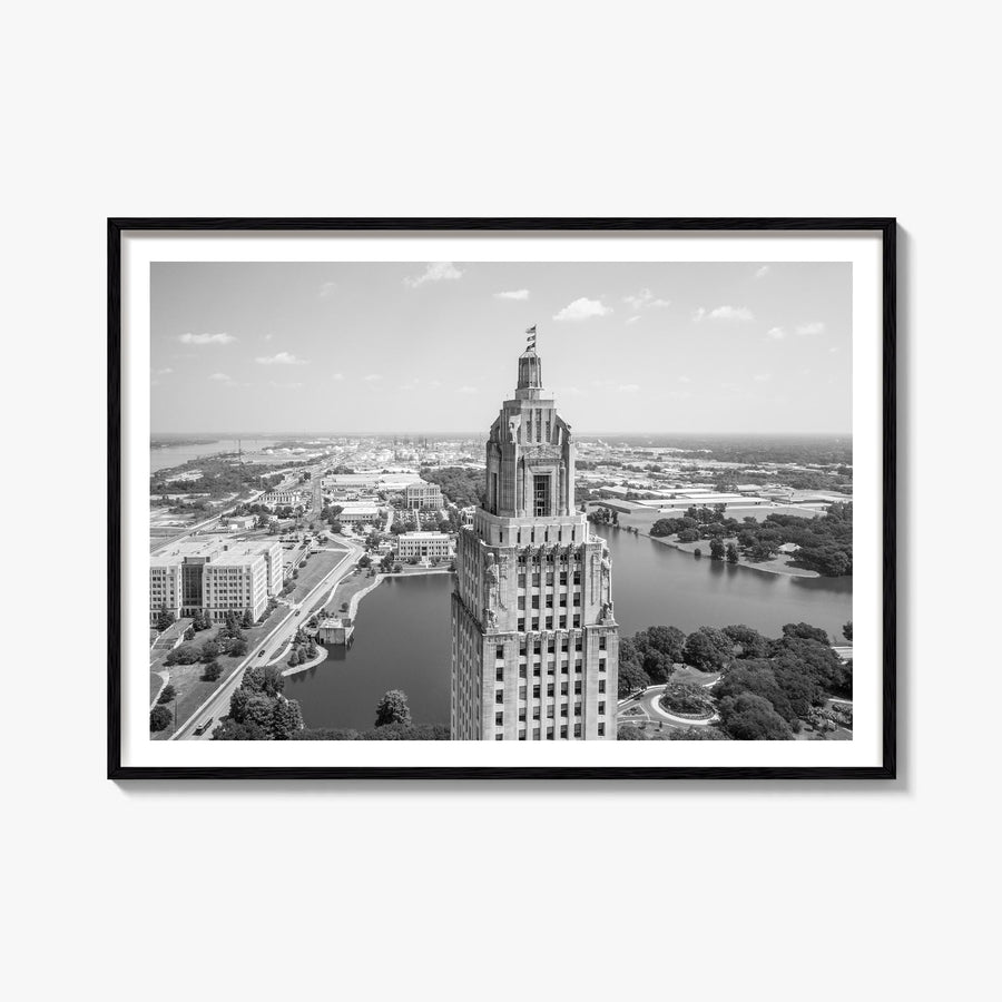 Baton Rouge black & white photo poster of Louisiana, USA – horizontal wall art, unframed print shown in interior mockup