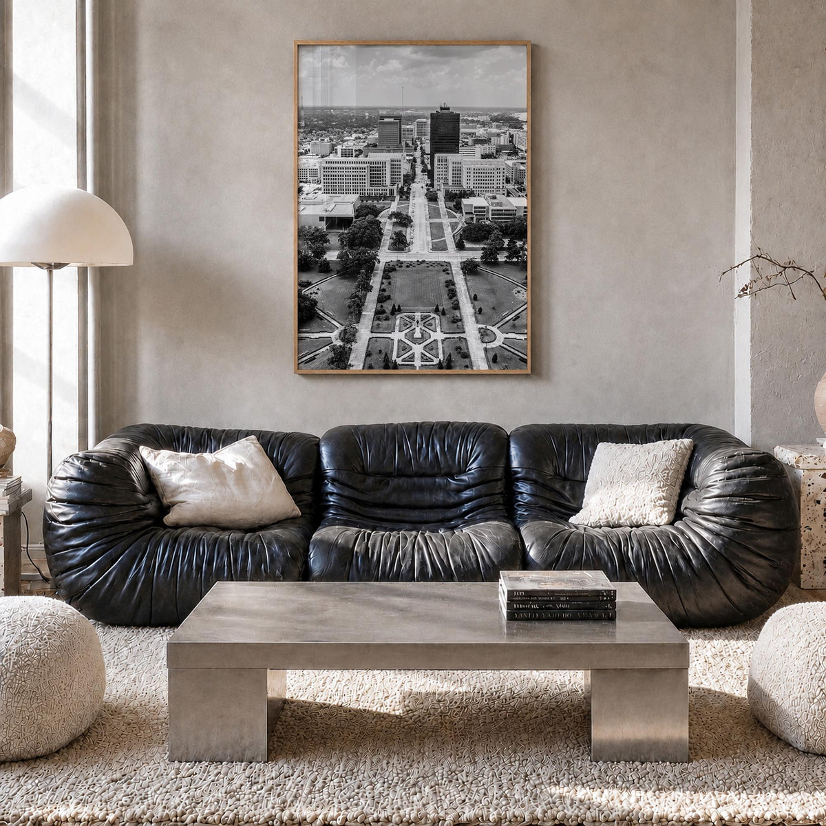 Baton Rouge black & white photo poster of Louisiana, USA – vertical wall art in natural wood frame, hanging on wall