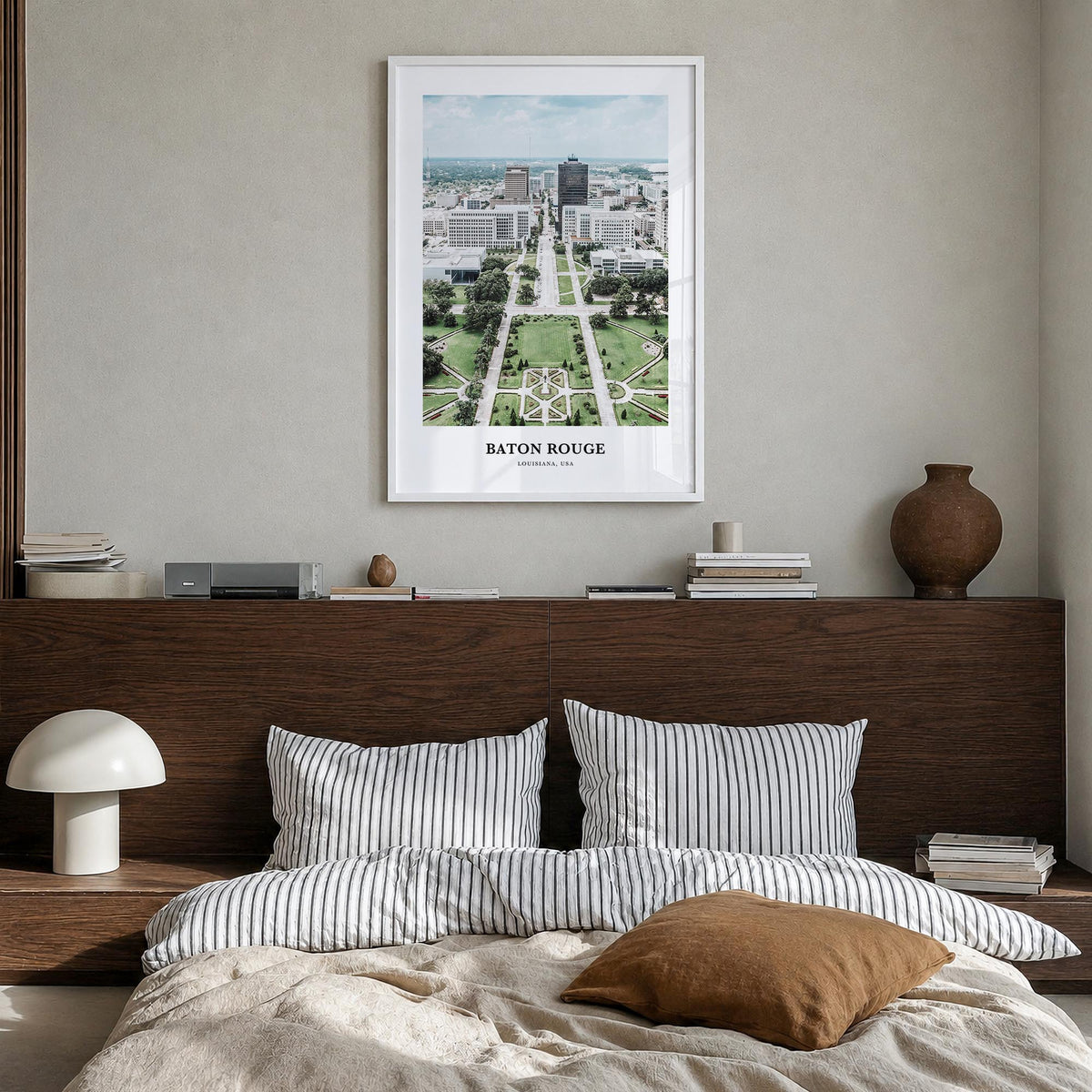 Baton Rouge colorful classic poster of Louisiana, USA – vertical wall art in white wood frame, hanging on wall
