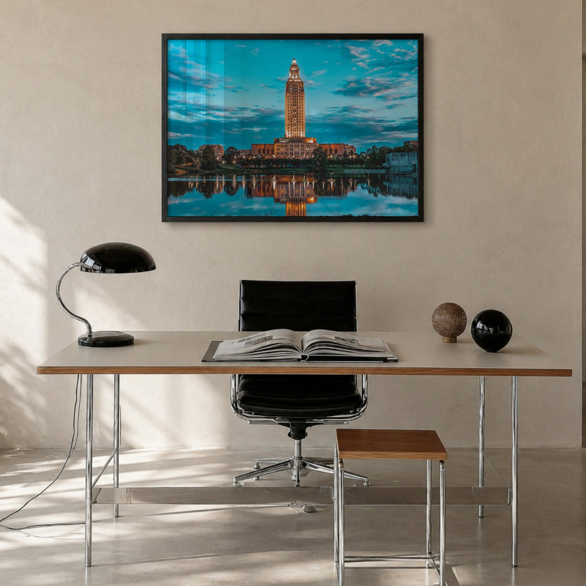 Baton Rouge colorful photo poster of Louisiana, USA – horizontal wall art in black wood frame, hanging on wall