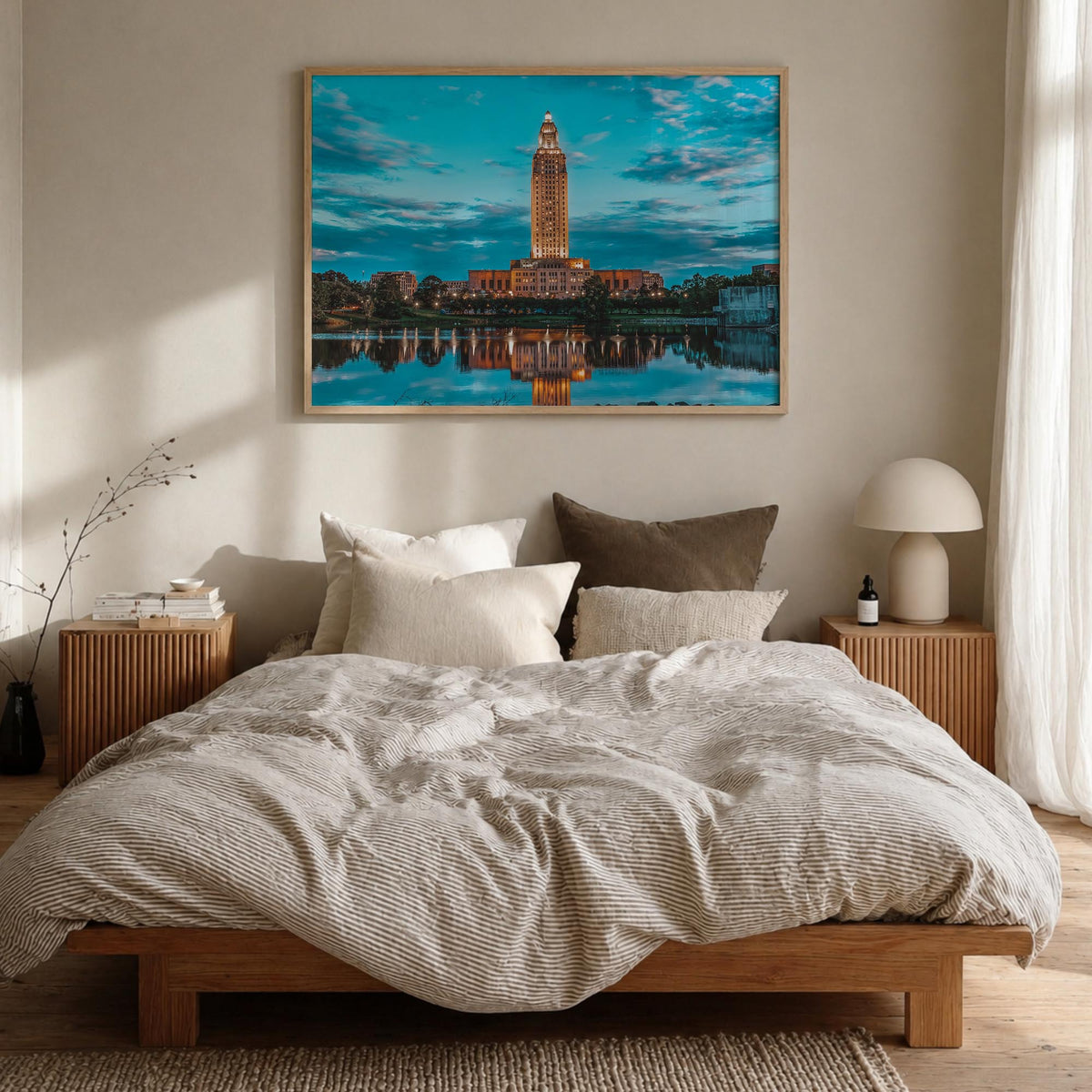Baton Rouge colorful photo poster of Louisiana, USA – horizontal wall art in natural wood frame, hanging on wall