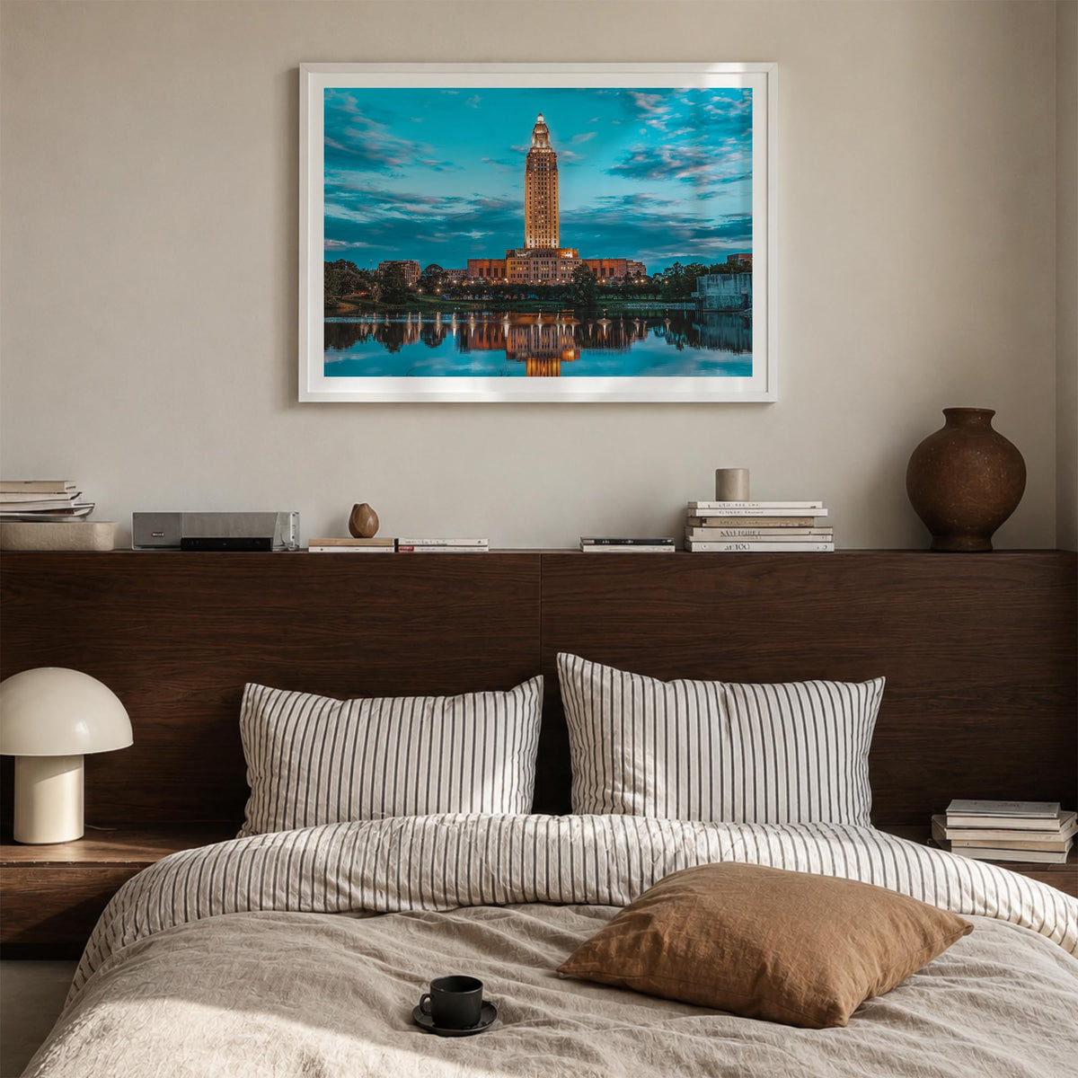Baton Rouge colorful photo poster of Louisiana, USA – horizontal wall art in white wood frame with white border, hanging on w