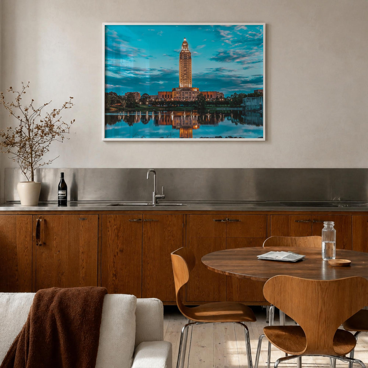 Baton Rouge colorful photo poster of Louisiana, USA – horizontal wall art in white wood frame, hanging on wall