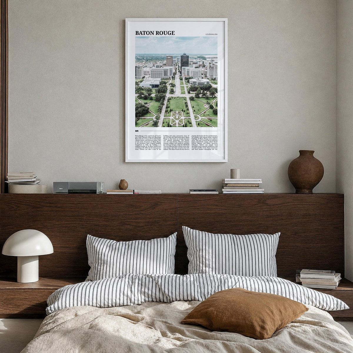 Baton Rouge colorful travel poster of Louisiana, USA – vertical wall art in white wood frame, hanging on wall