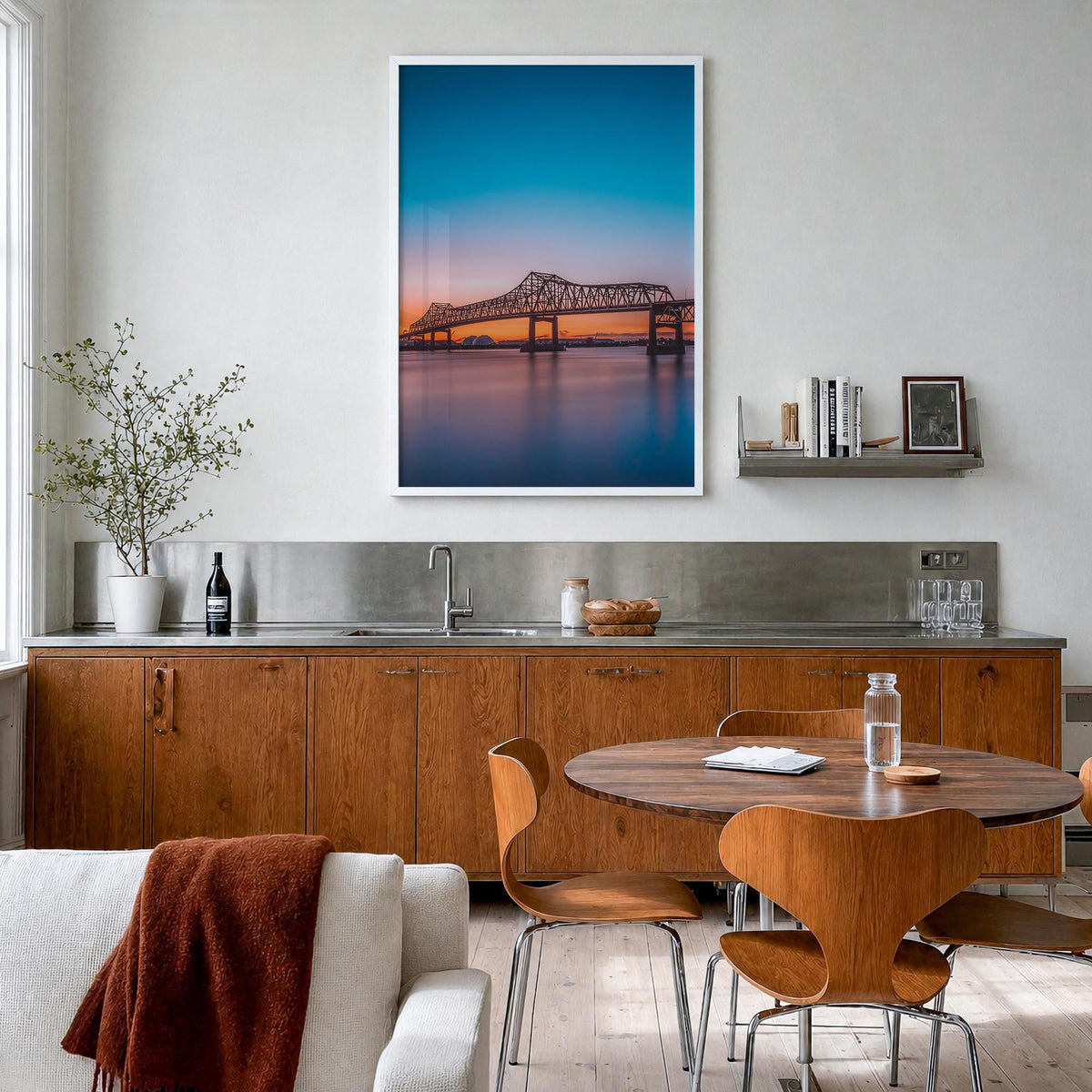 Baton Rouge no. 2 colorful photo poster of Louisiana, USA – vertical wall art in white wood frame, hanging on wall