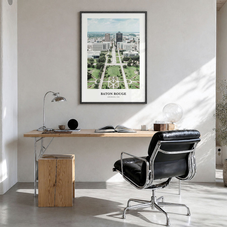 Baton Rouge Classic Poster in a black wood frame, hanging in a bright home office