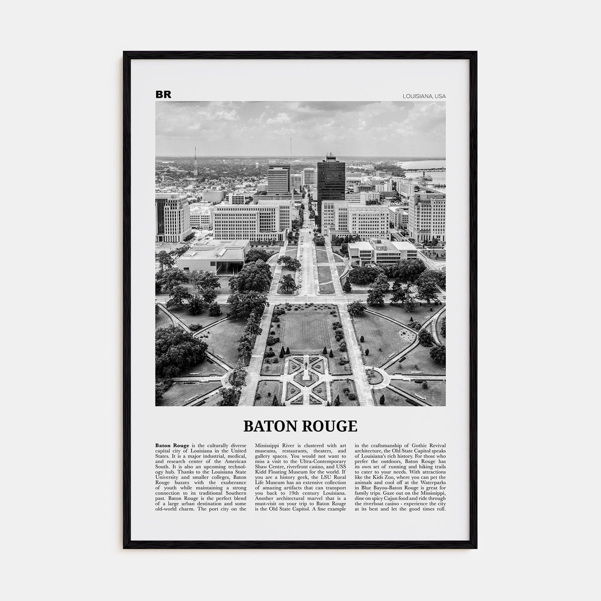 Baton Rouge Poster Black Wood / 8x12 in Nbourhood Travel B&W Poster