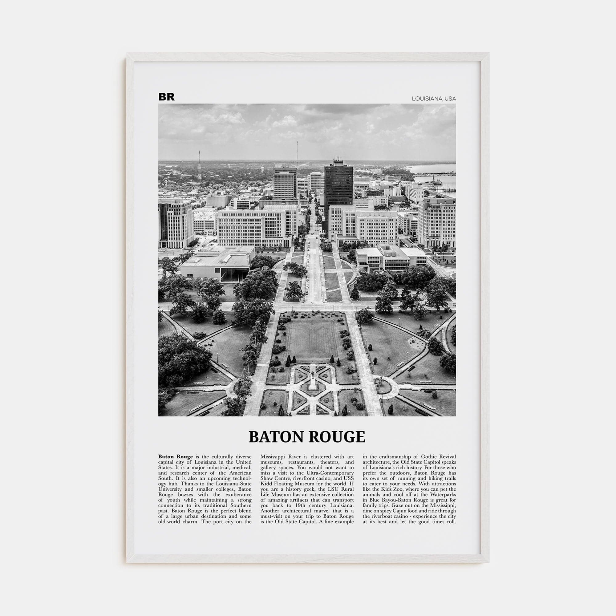 Baton Rouge Poster White Wood / 8x12 in Nbourhood Travel B&W Poster