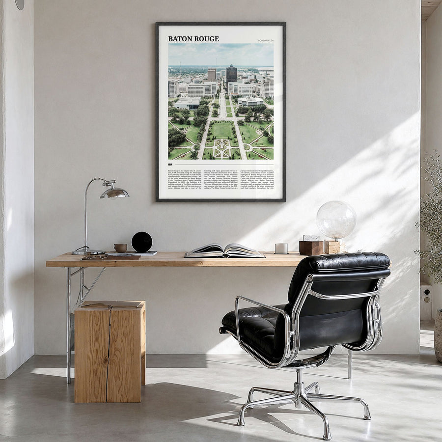 Baton Rouge Travel Poster in a black wood frame, hanging in a bright home office