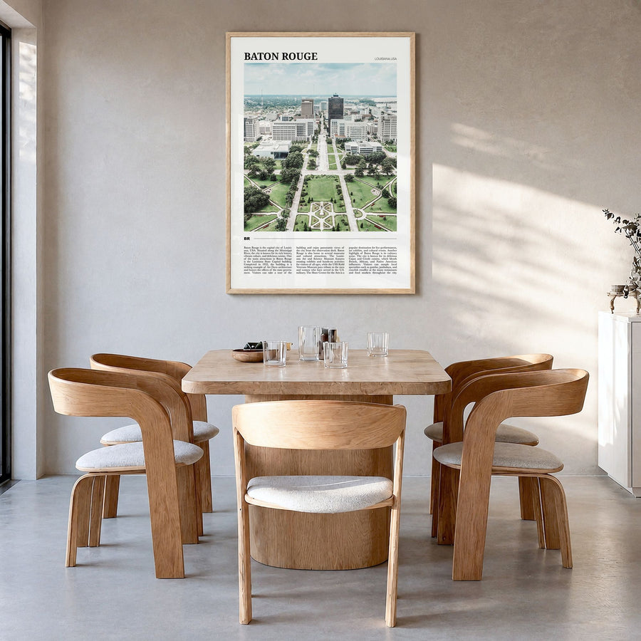 Baton Rouge Travel Poster in a natural wood frame, hanging in a dining room