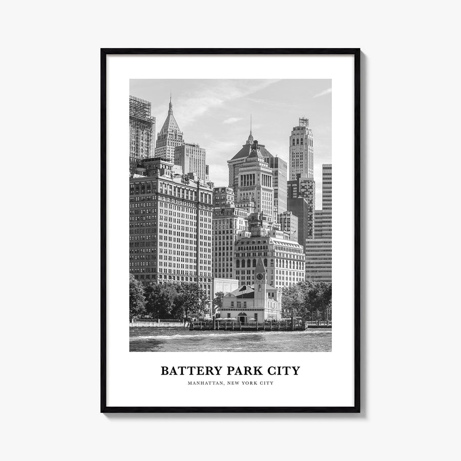 Battery Park City black & white classic poster of Manhattan, New York City – vertical wall art, unframed print shown in inter