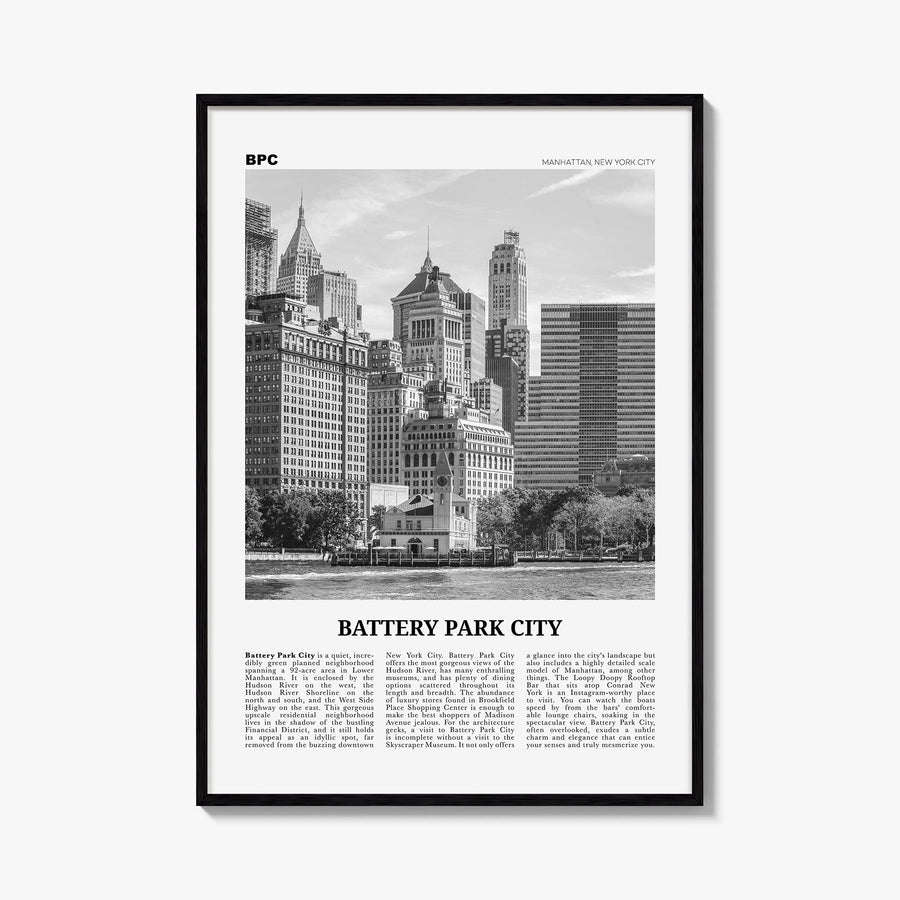 Battery Park City black & white newspaper poster of Manhattan, New York City – vertical wall art, unframed print shown in int