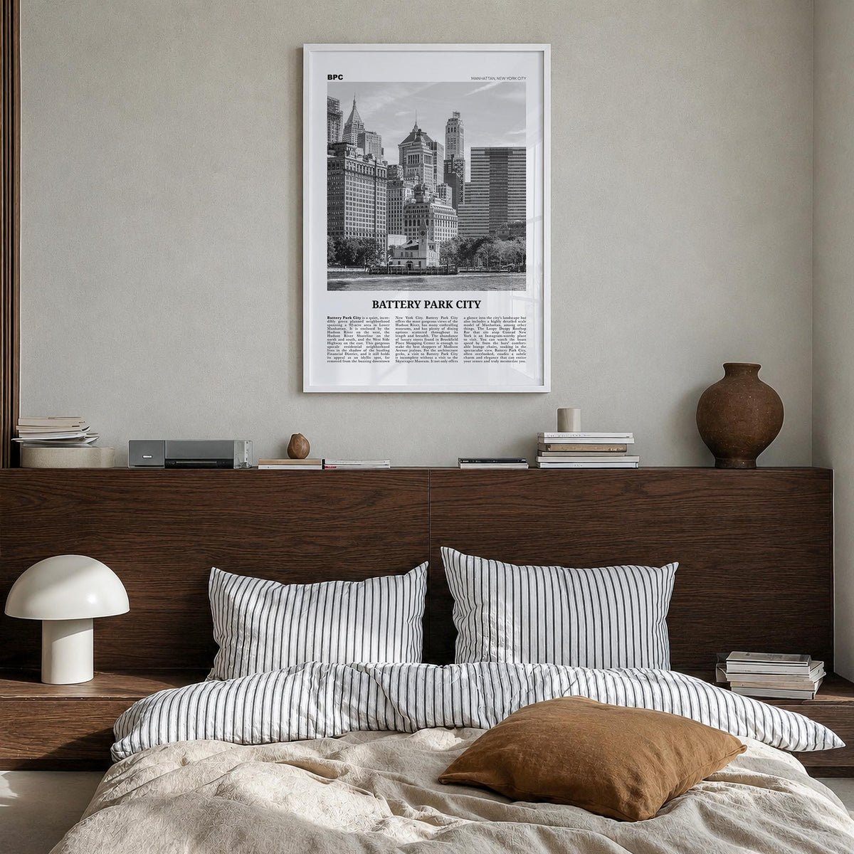 Battery Park City black & white newspaper poster of Manhattan, New York City – vertical wall art in white wood frame, hanging