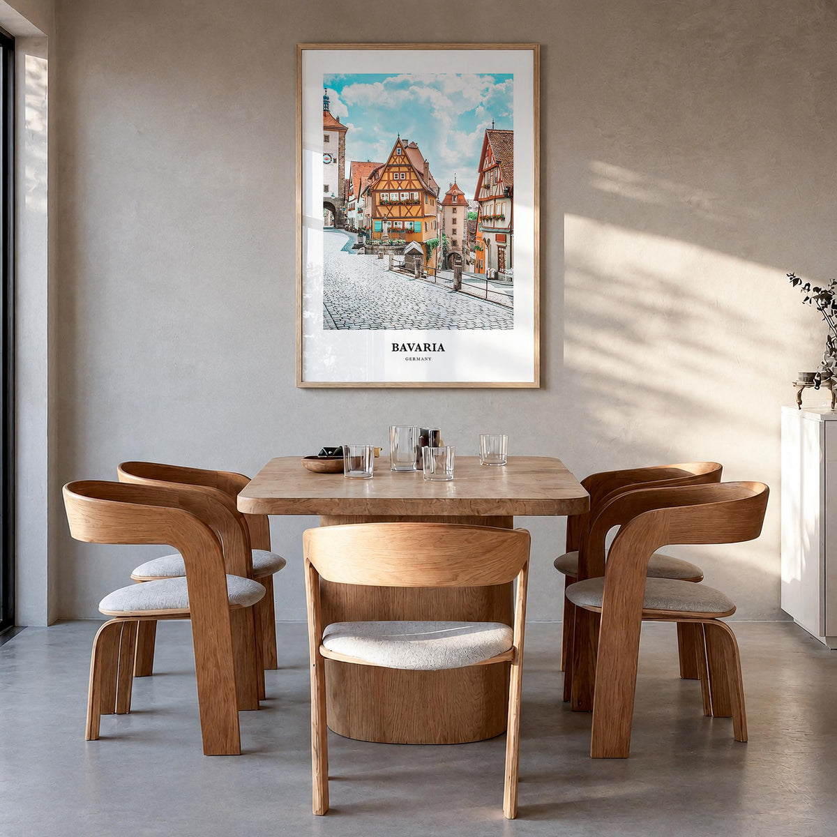 Bavaria colorful classic poster of Germany – vertical wall art in natural wood frame, hanging on wall