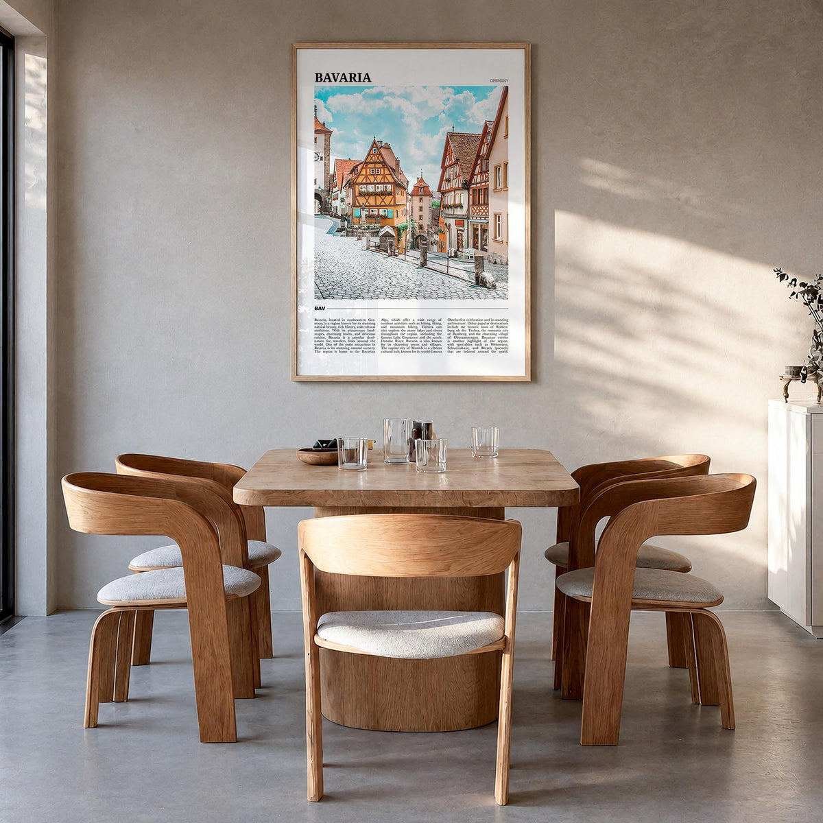 Bavaria colorful travel poster of Germany – vertical wall art in natural wood frame, hanging on wall