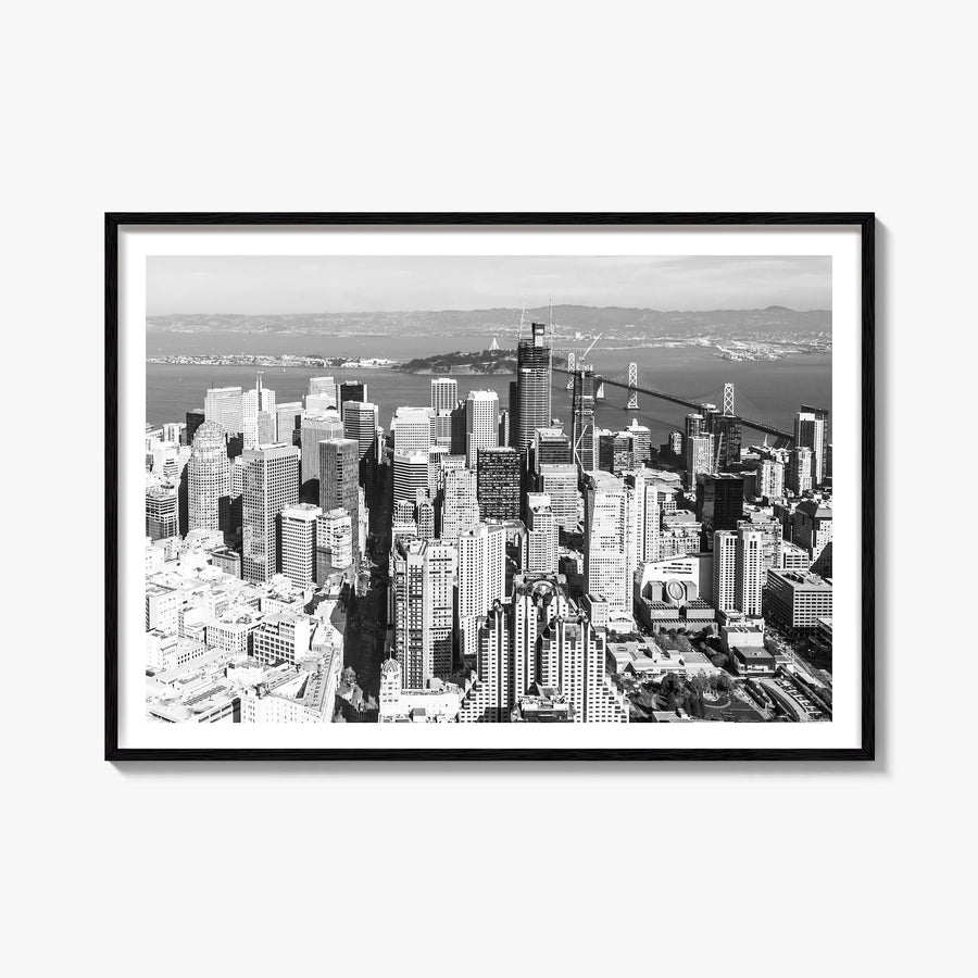 Bay Area black & white photo poster of California, USA – horizontal wall art, unframed print shown in interior mockup