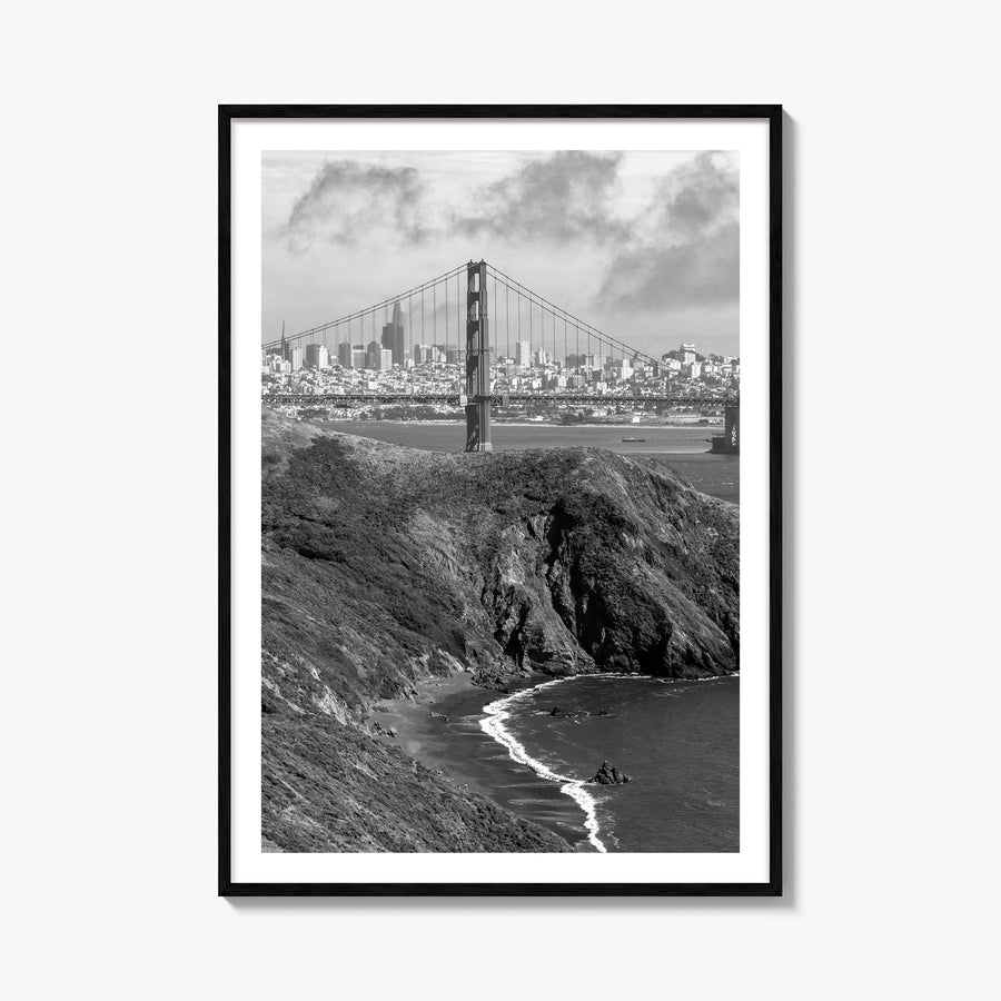 Bay Area black & white photo poster of California, USA – vertical wall art, unframed print shown in interior mockup