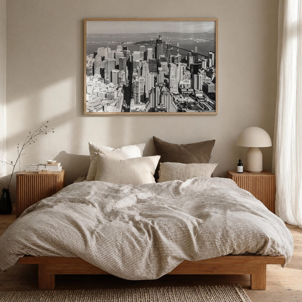 Bay Area black & white photo poster of California, USA – horizontal wall art in natural wood frame, hanging on wall