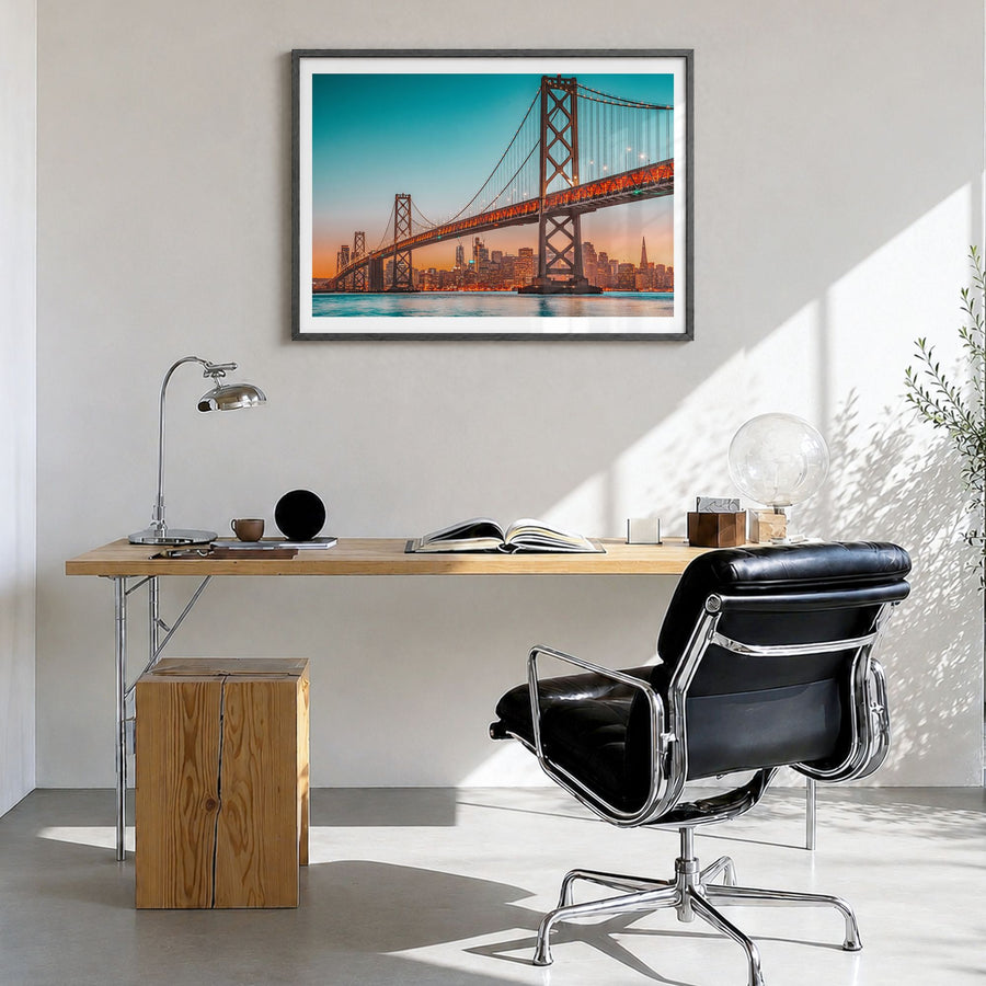 Bay Area Photo No 2 Poster in a black wood frame, hanging in a bright home office, white border