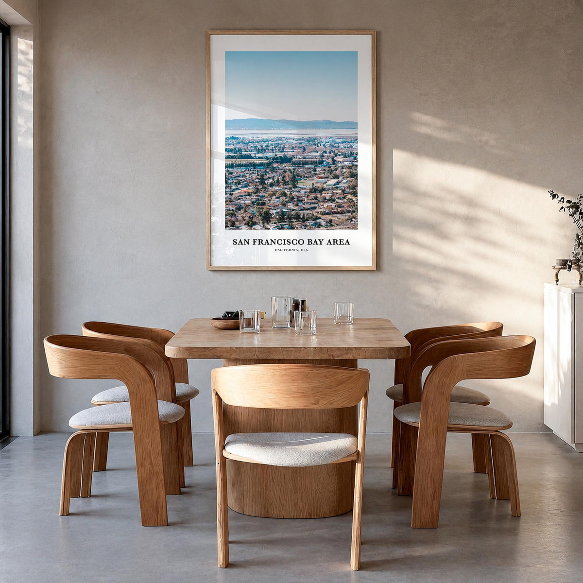 Bay Area no. 1 colorful classic poster of California, USA – vertical wall art in natural wood frame, hanging on wall