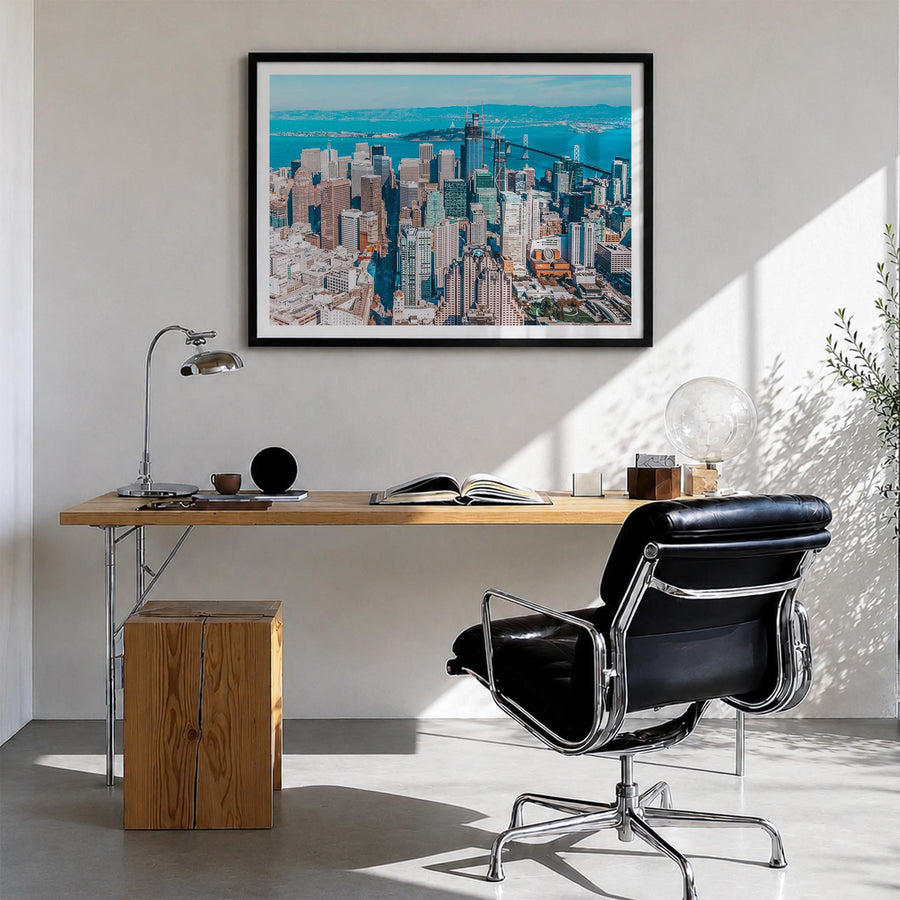 Bay Area no. 1 colorful photo poster of California, USA – horizontal wall art in black wood frame with white border, hanging 