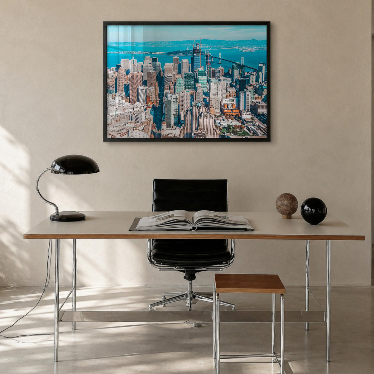 Bay Area no. 1 colorful photo poster of California, USA – horizontal wall art in black wood frame, hanging on wall