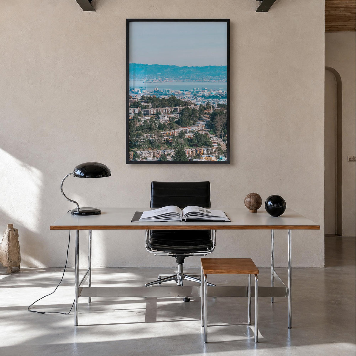 Bay Area no. 1 colorful photo poster of California, USA – vertical wall art in black wood frame, hanging on wall