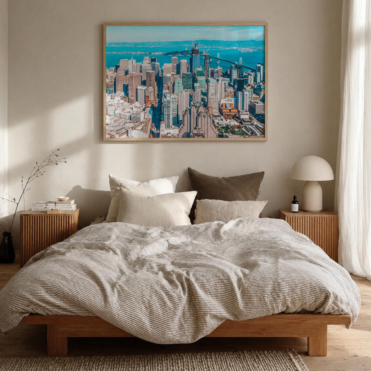 Bay Area no. 1 colorful photo poster of California, USA – horizontal wall art in natural wood frame, hanging on wall