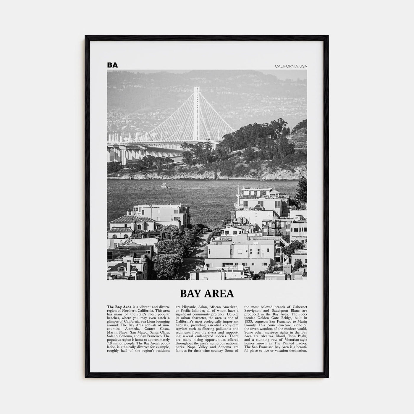 Bay Area No 1 Poster Black Wood / 8x12 in Nbourhood Travel B&W Poster