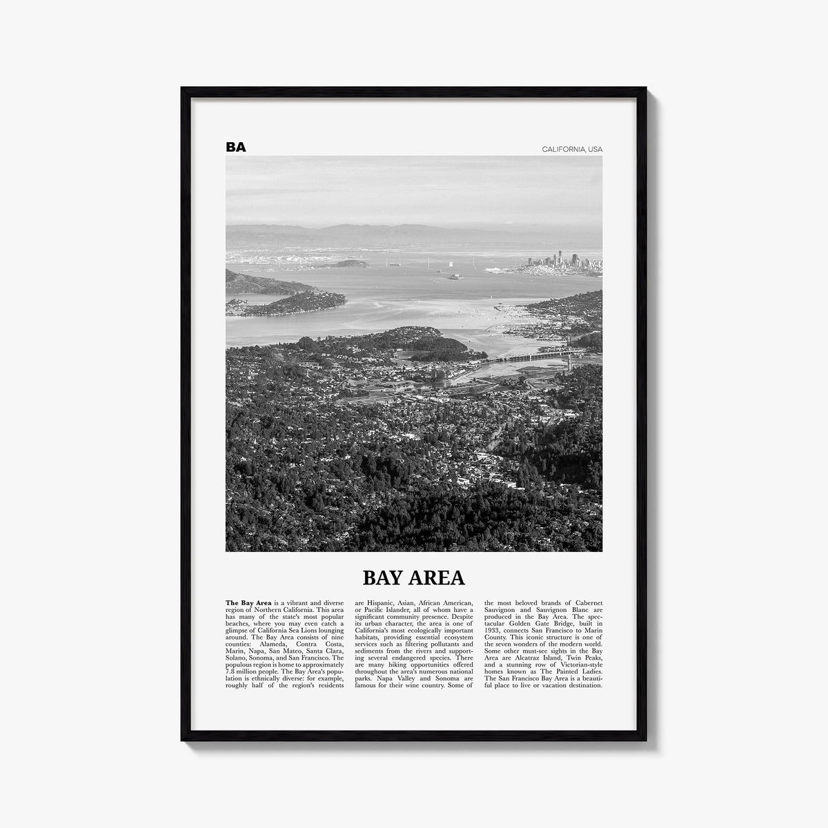Bay Area no. 2 black & white newspaper poster of California, USA – vertical wall art, unframed print shown in interior mockup
