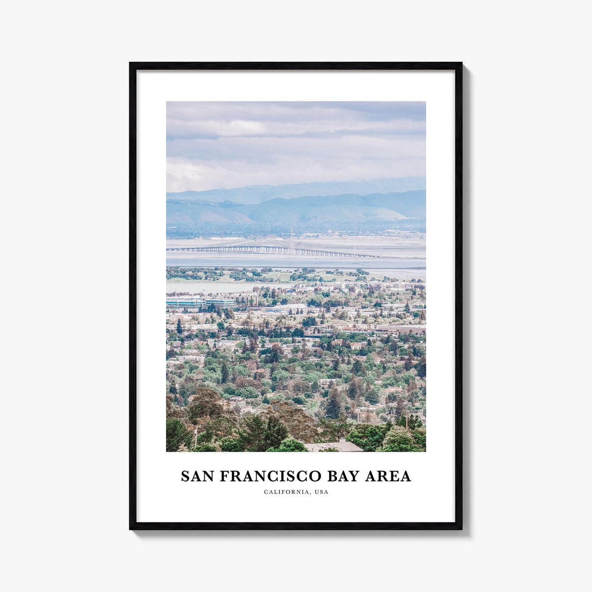 Bay Area no. 2 colorful classic poster of California, USA – vertical wall art, unframed print shown in interior mockup