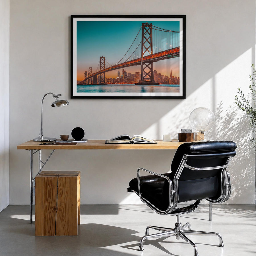 Bay Area no. 2 colorful photo poster of California, USA – horizontal wall art in black wood frame with white border, hanging 