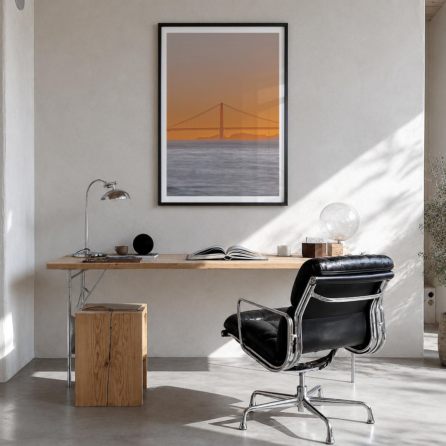 Bay Area no. 2 colorful photo poster of California, USA – vertical wall art in black wood frame with white border, hanging on