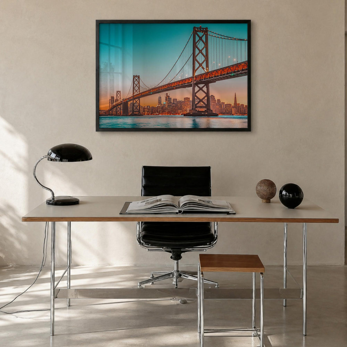 Bay Area no. 2 colorful photo poster of California, USA – horizontal wall art in black wood frame, hanging on wall