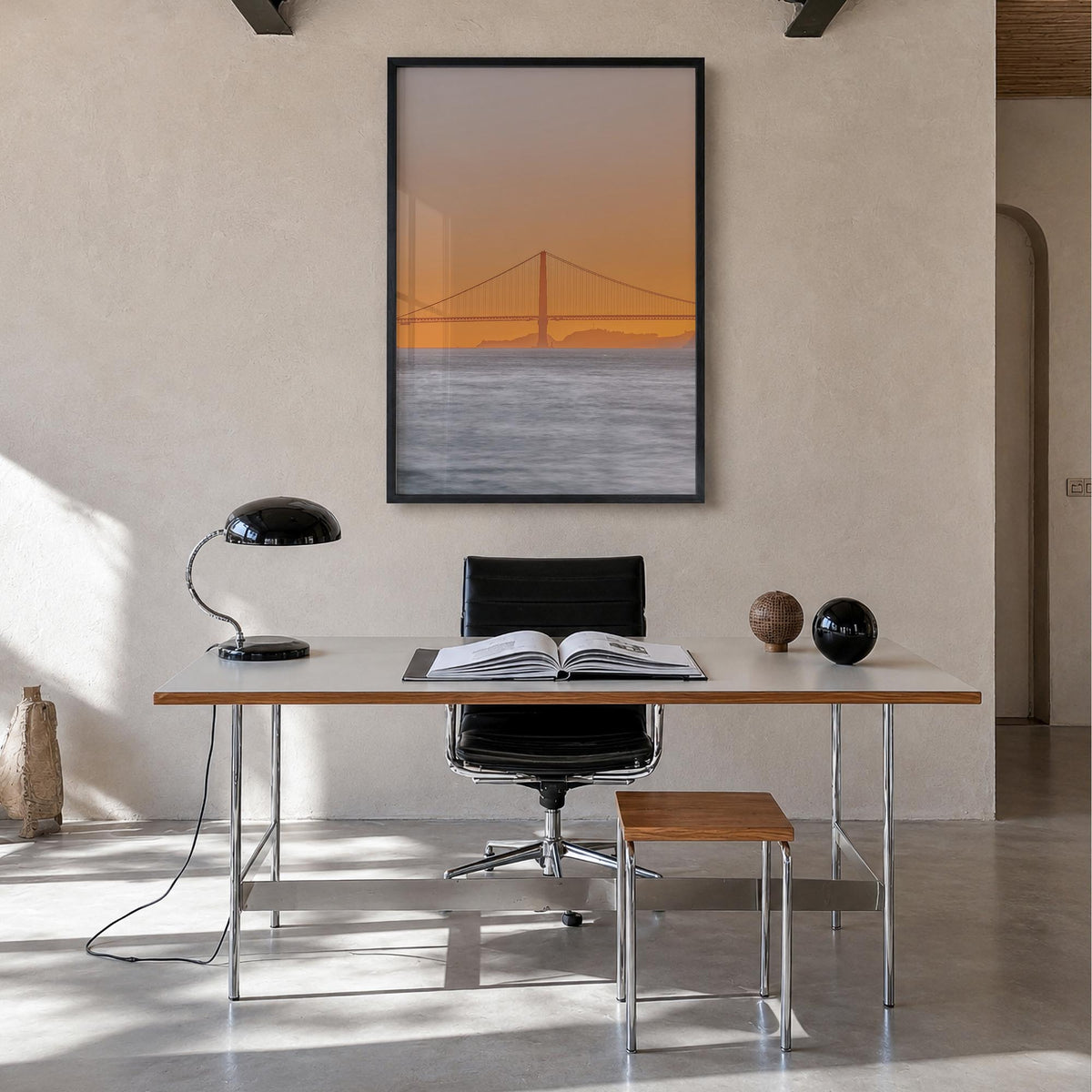 Bay Area no. 2 colorful photo poster of California, USA – vertical wall art in black wood frame, hanging on wall