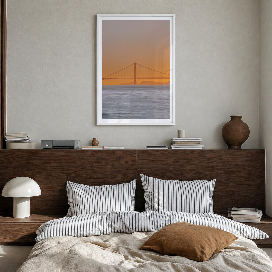 Bay Area no. 2 colorful photo poster of California, USA – vertical wall art in white wood frame with white border, hanging on