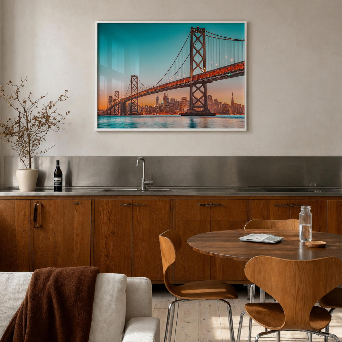 Bay Area no. 2 colorful photo poster of California, USA – horizontal wall art in white wood frame, hanging on wall
