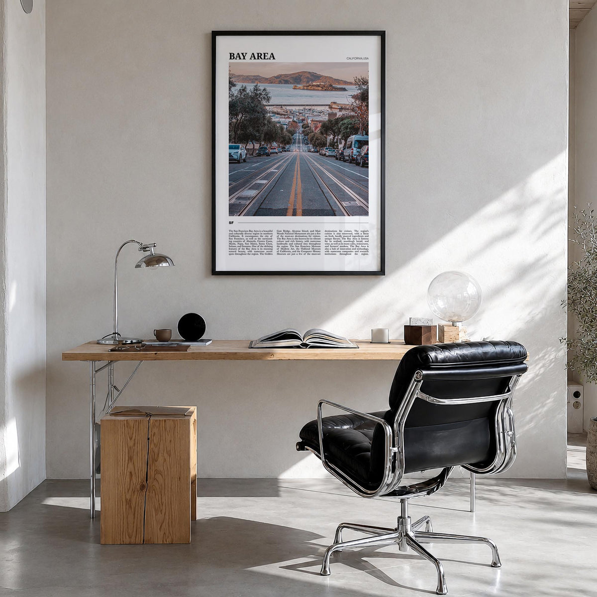 Bay Area no. 2 colorful travel poster of California, USA – vertical wall art in black wood frame, hanging on wall