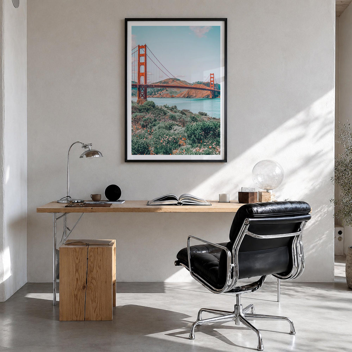 Bay Area no. 3 colorful photo poster of California, USA – vertical wall art in black wood frame with white border, hanging on