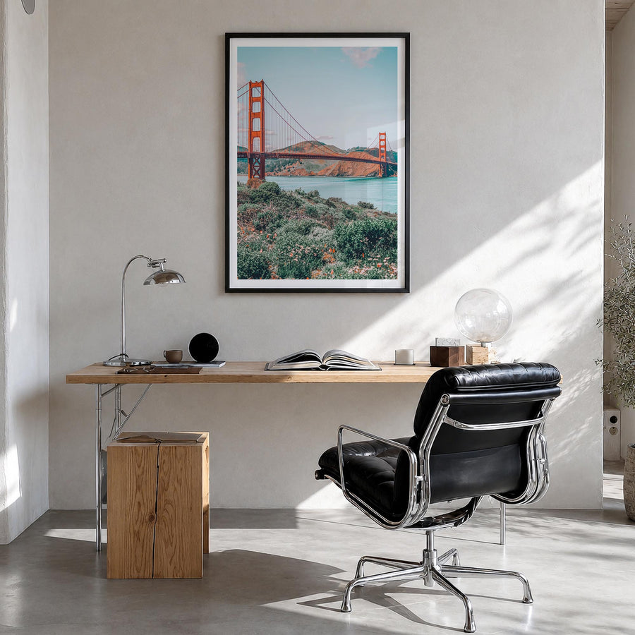 Bay Area no. 3 colorful photo poster of California, USA – vertical wall art in black wood frame with white border, hanging on