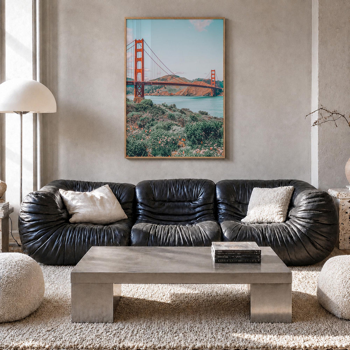 Bay Area no. 3 colorful photo poster of California, USA – vertical wall art in natural wood frame, hanging on wall