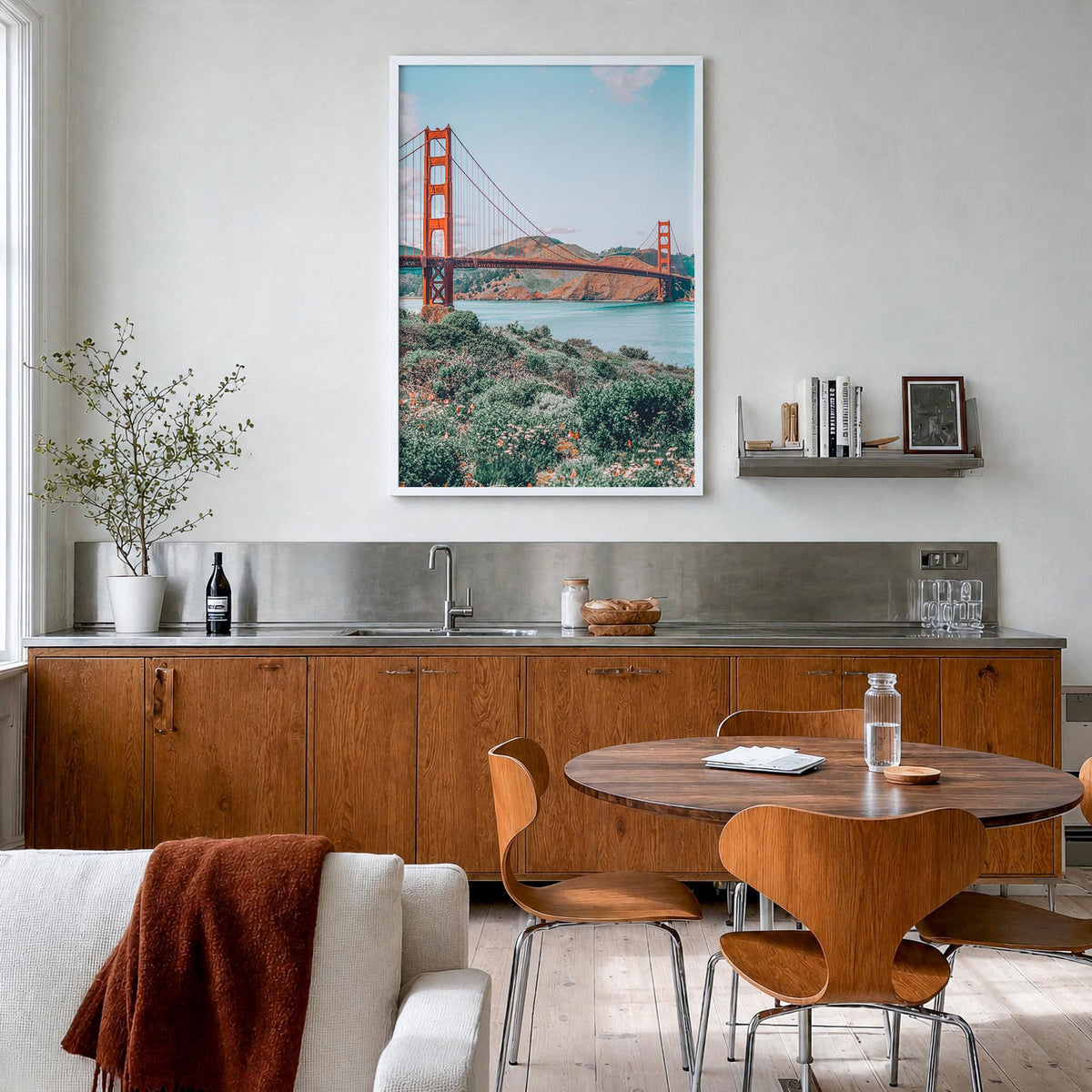 Bay Area no. 3 colorful photo poster of California, USA – vertical wall art in white wood frame, hanging on wall