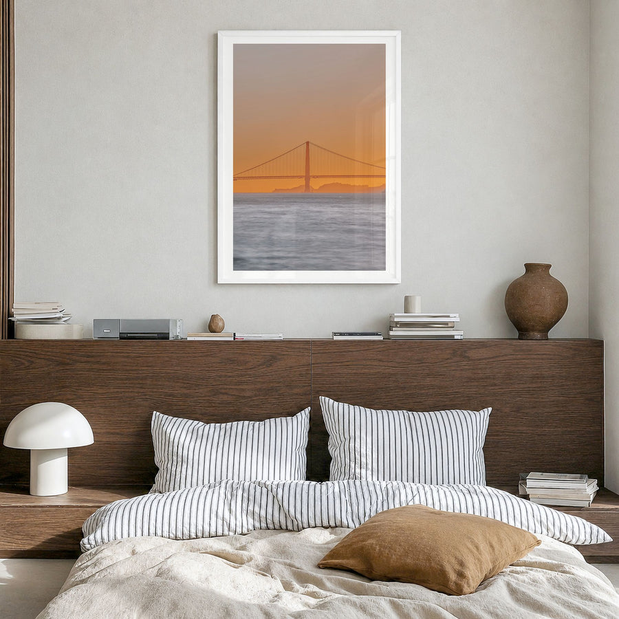 Bay Area Photo No 2 Poster in a white wood frame, hanging in a bedroom, white border