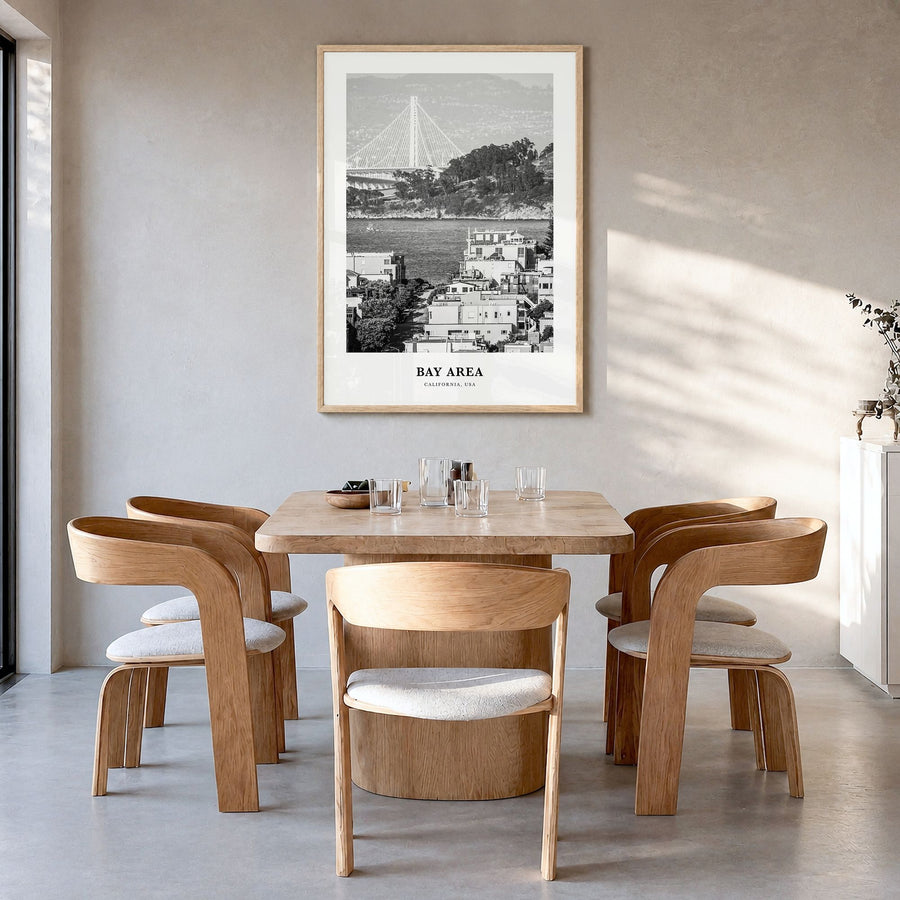 Bay Area Classic No 1 Poster in a natural wood frame, hanging in a dining room