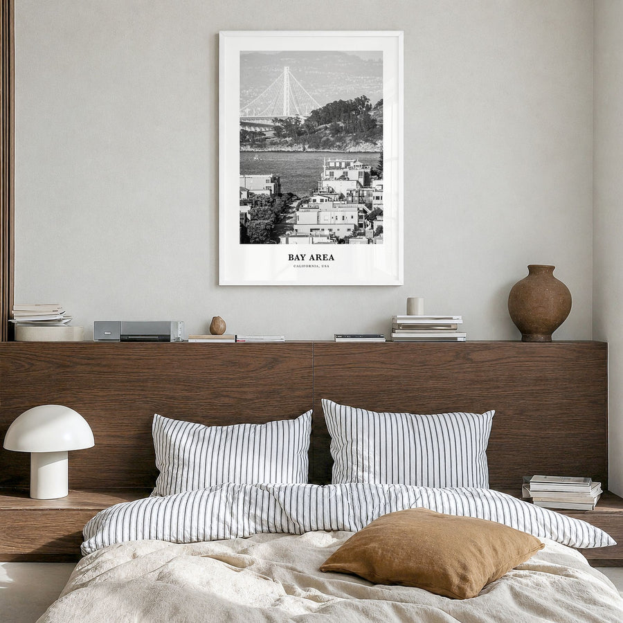Bay Area Classic No 1 Poster in a white wood frame, hanging in a bedroom