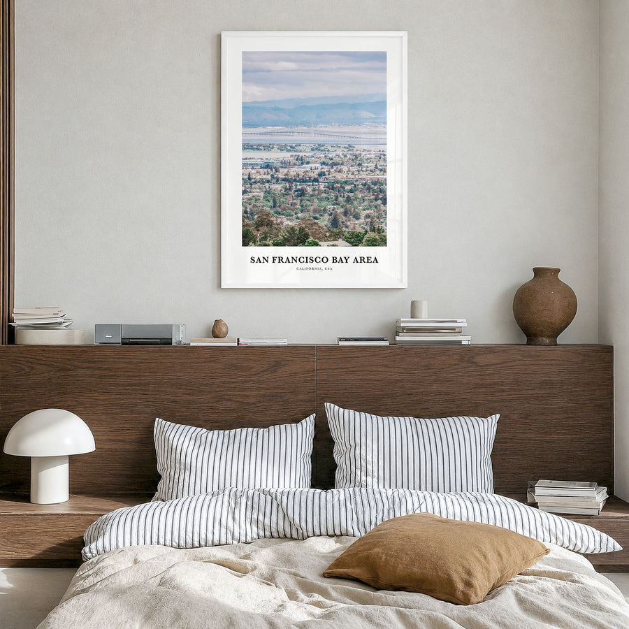 San Francisco Bay Area Classic No 2 Poster in a white wood frame, hanging in a bedroom